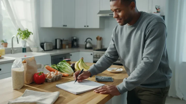 Cheap meal planning on a tight budget: man planning a grocery week