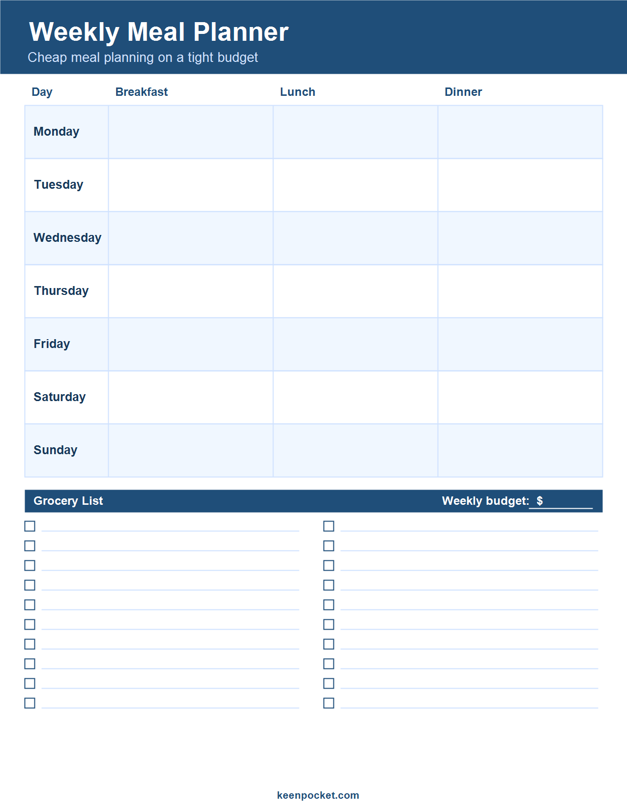 Cheap meal planning on a tight budget weekly meal planner printable