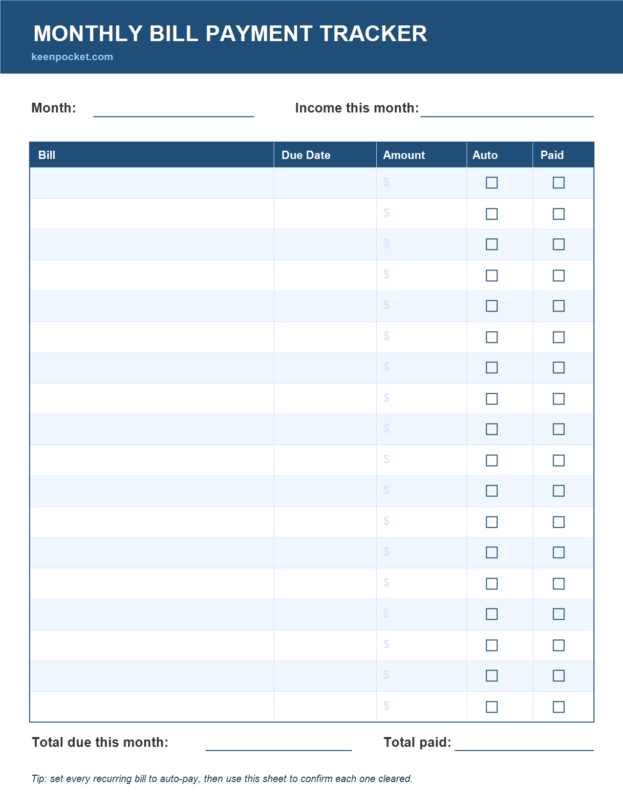 Free bill payment tracker printable