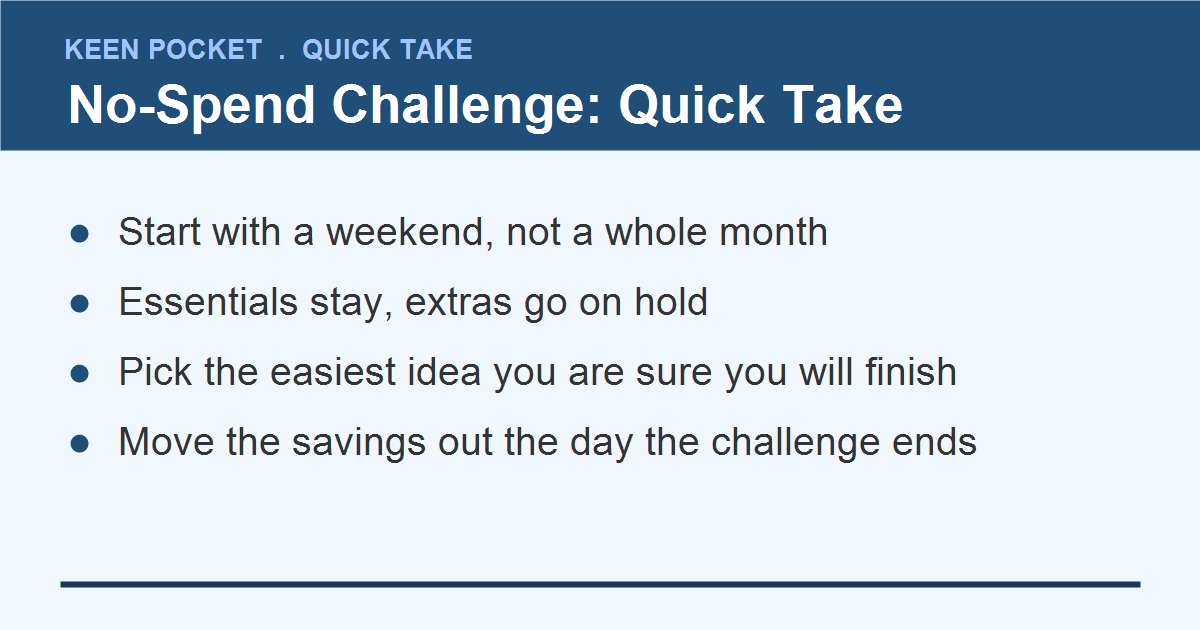 No-spend challenge ideas for beginners, quick take summary