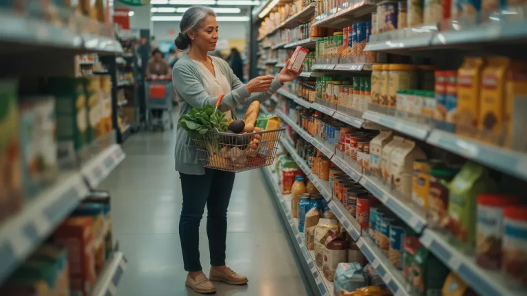 Save money on groceries without coupons: shopper comparing shelf prices